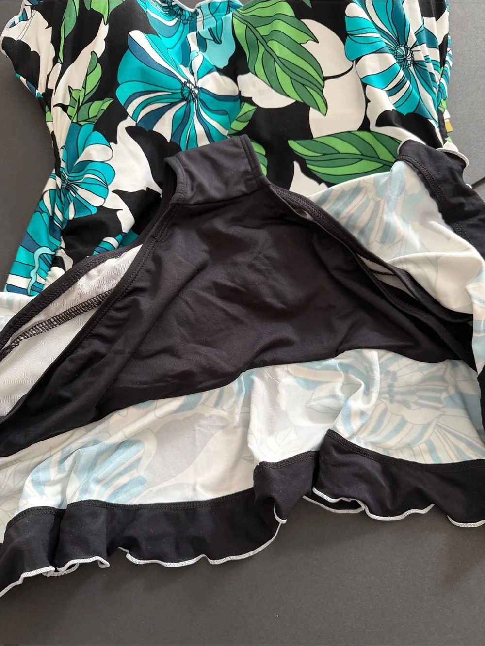 Beach House One-Piece Swim suit Teal, Green & Black Floral